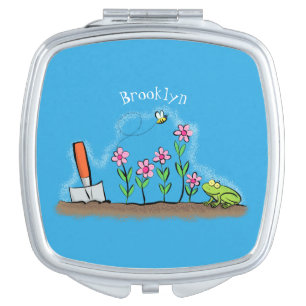 Cute frog and bee in garden cartoon illustration compact mirror