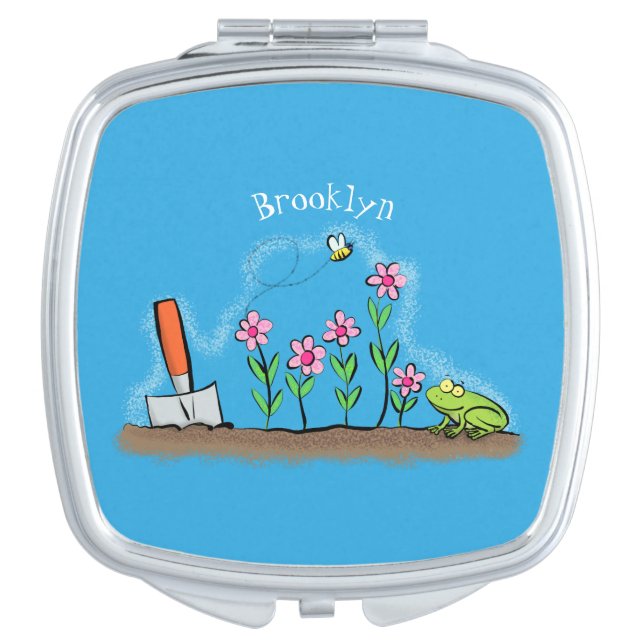 Cute frog and bee in garden cartoon illustration compact mirror (Front)