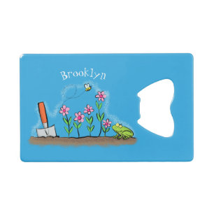 Cute frog and bee in garden cartoon illustration credit card bottle opener