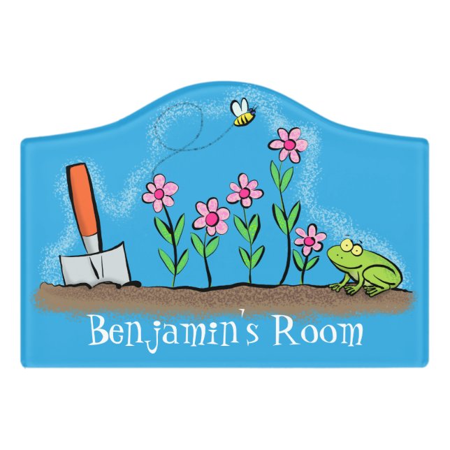 Cute frog and bee in garden cartoon illustration door sign (Small Crest Front)