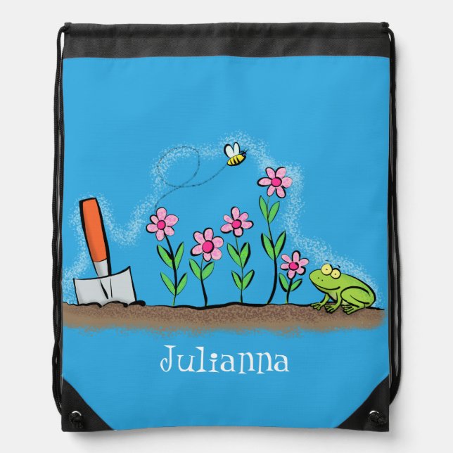 Cute frog and bee in garden cartoon illustration drawstring bag (Front)