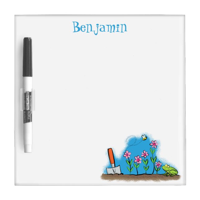 Cute frog and bee in garden cartoon illustration dry erase board (Front)