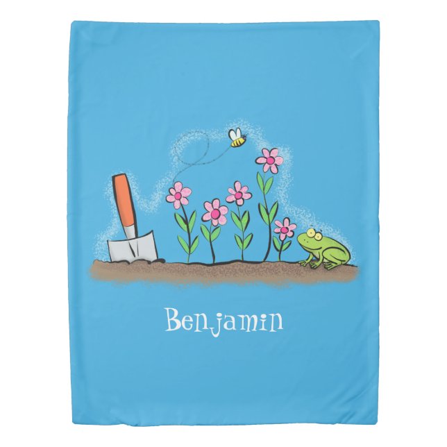 Cute frog and bee in garden cartoon illustration duvet cover (Front)