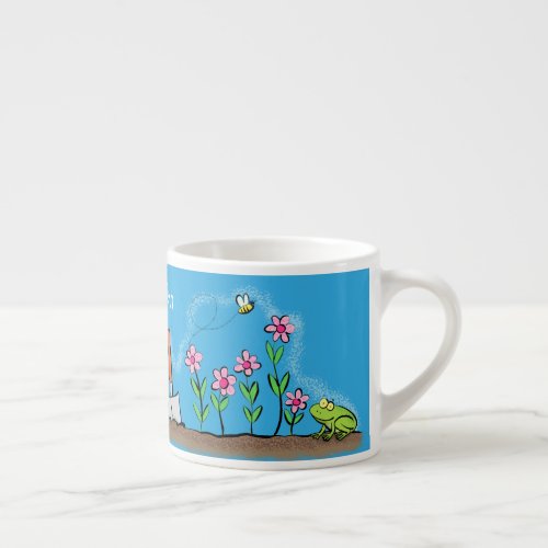 Cute frog and bee in garden cartoon illustration espresso cup