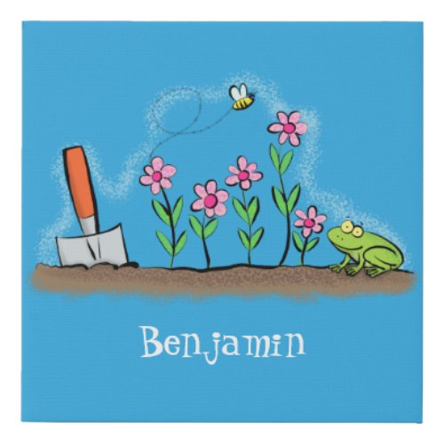 Cute frog and bee in garden cartoon illustration faux canvas print