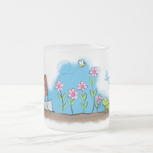 Cute frog and bee in garden cartoon illustration frosted glass coffee mug