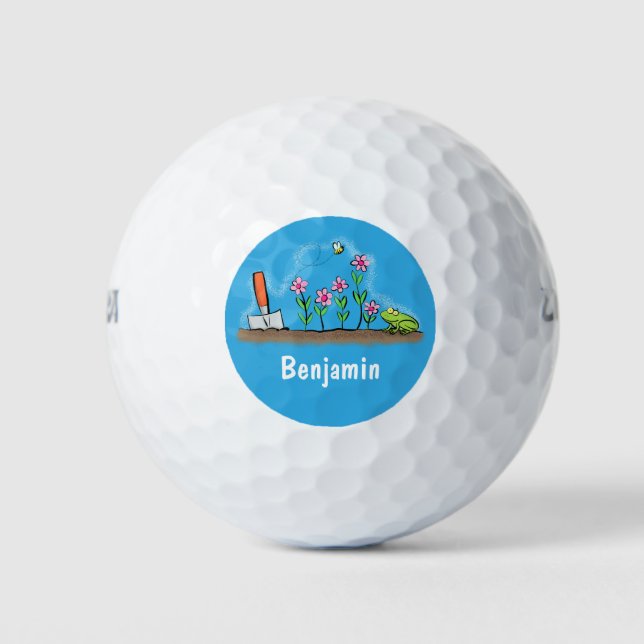 Cute frog and bee in garden cartoon illustration golf balls (Front)