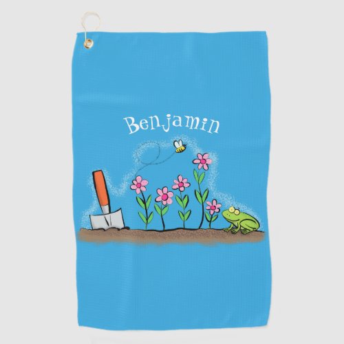 Cute frog and bee in garden cartoon illustration golf towel