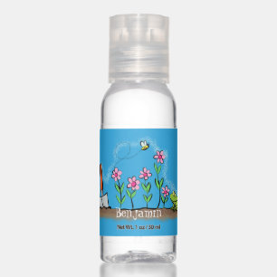 Cute frog and bee in garden cartoon illustration hand sanitizer