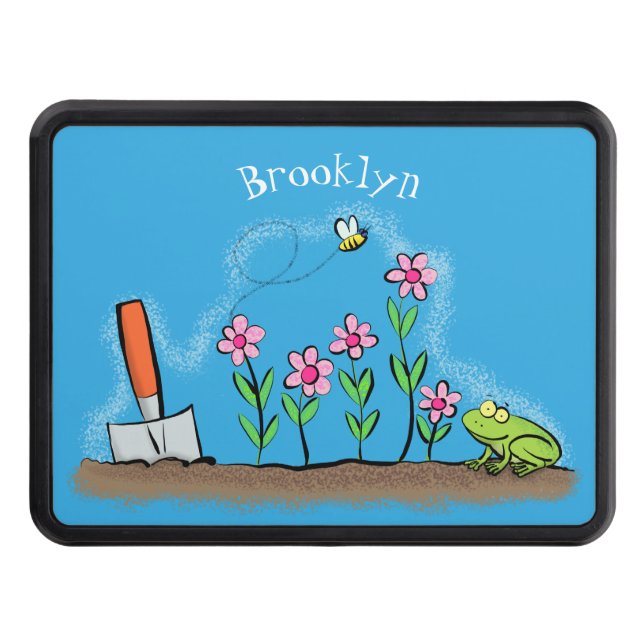 Cute frog and bee in garden cartoon illustration hitch cover (Front)