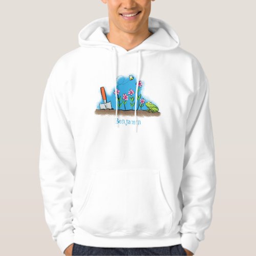 Cute frog and bee in garden cartoon illustration hoodie