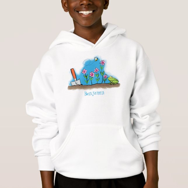 Cute frog and bee in garden cartoon illustration hoodie (Front)
