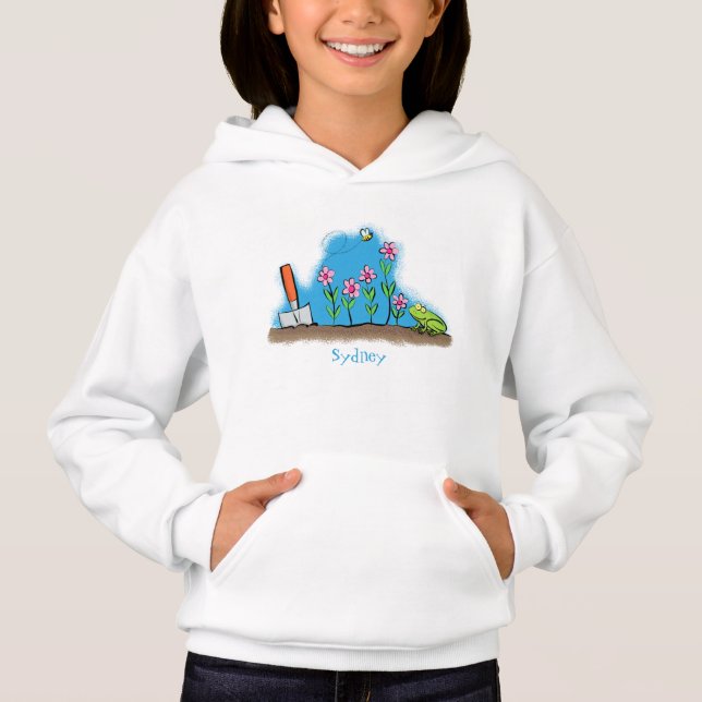 Cute frog and bee in garden cartoon illustration hoodie (Front)