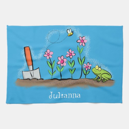 Cute frog and bee in garden cartoon illustration kitchen towel