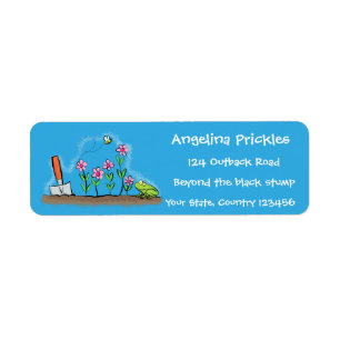 Cute frog and bee in garden cartoon illustration label