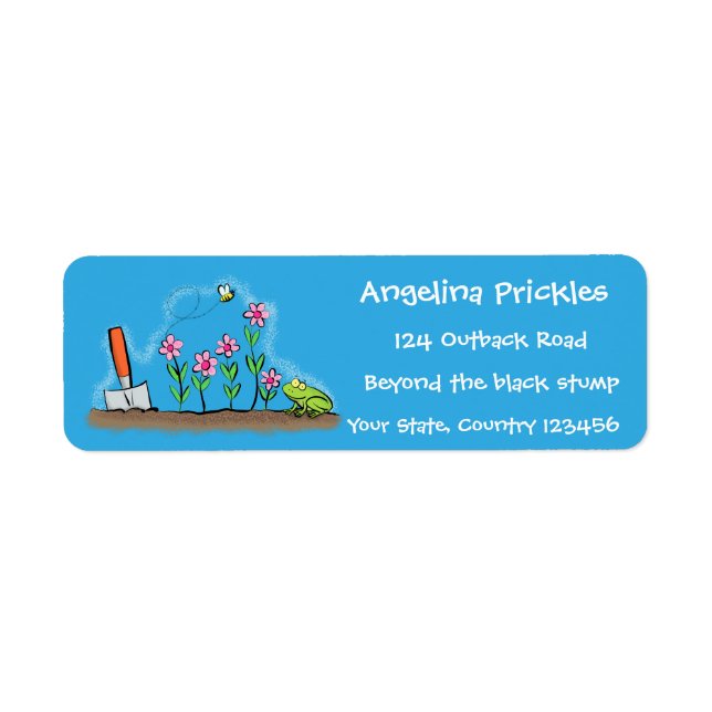 Cute frog and bee in garden cartoon illustration label (Front)
