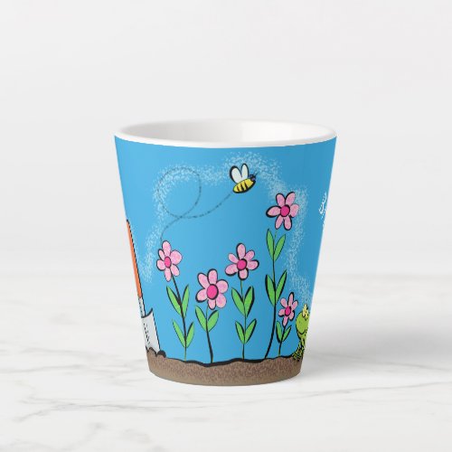 Cute frog and bee in garden cartoon illustration latte mug