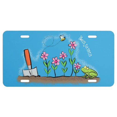 Cute frog and bee in garden cartoon illustration license plate