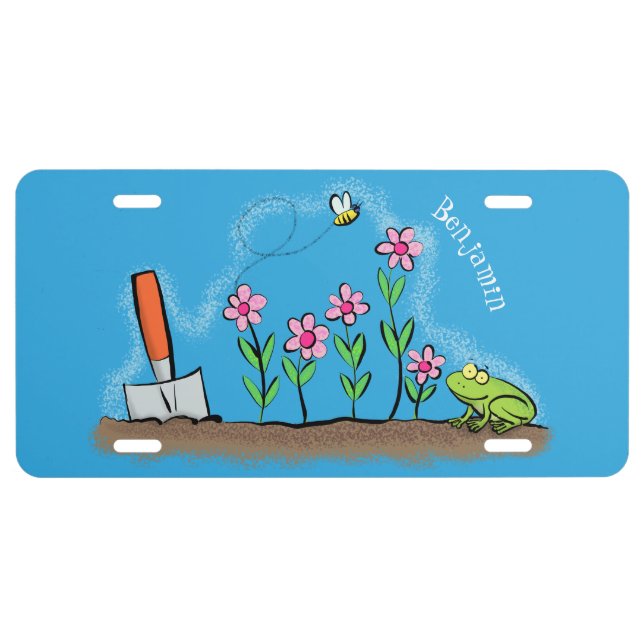 Cute frog and bee in garden cartoon illustration license plate (Front)