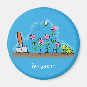 Cute frog and bee in garden cartoon illustration magnet
