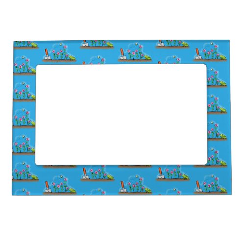 Cute frog and bee in garden cartoon illustration magnetic frame