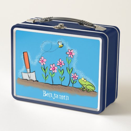 Cute frog and bee in garden cartoon illustration metal lunch box