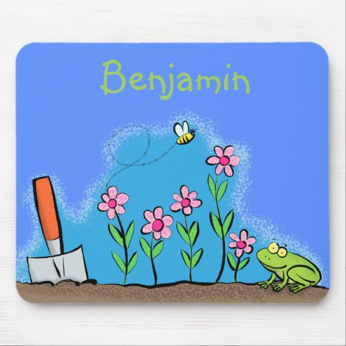 Cute frog and bee in garden cartoon illustration mouse pad