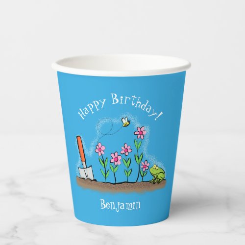 Cute frog and bee in garden cartoon illustration paper cups