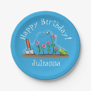 Cute frog and bee in garden cartoon illustration paper plates