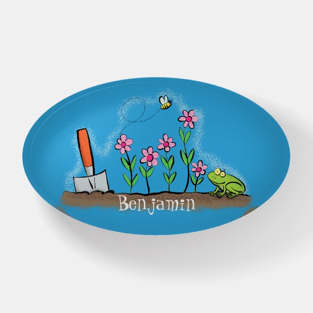 Cute frog and bee in garden cartoon illustration paperweight (Front)