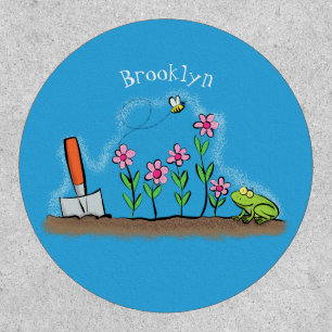 Cute frog and bee in garden cartoon illustration patch