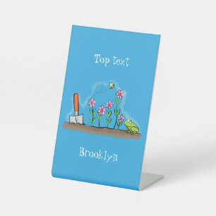 Cute frog and bee in garden cartoon illustration pedestal sign
