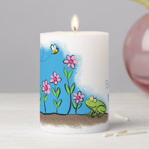 Cute frog and bee in garden cartoon illustration pillar candle