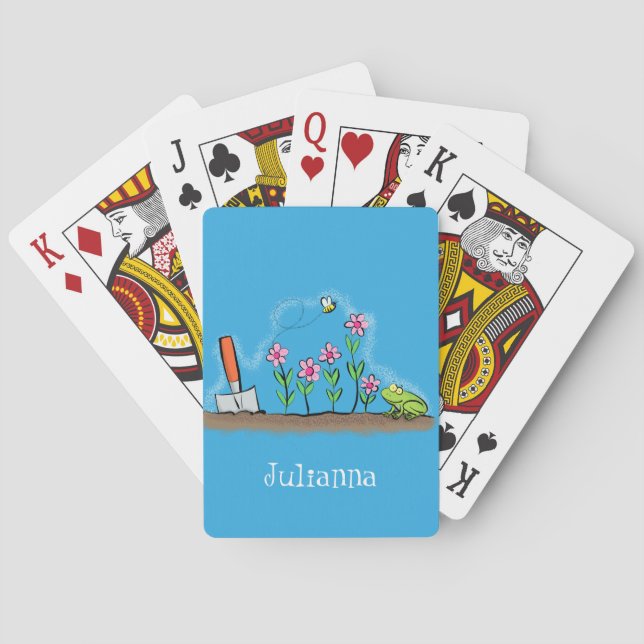 Cute frog and bee in garden cartoon illustration poker cards (Back)