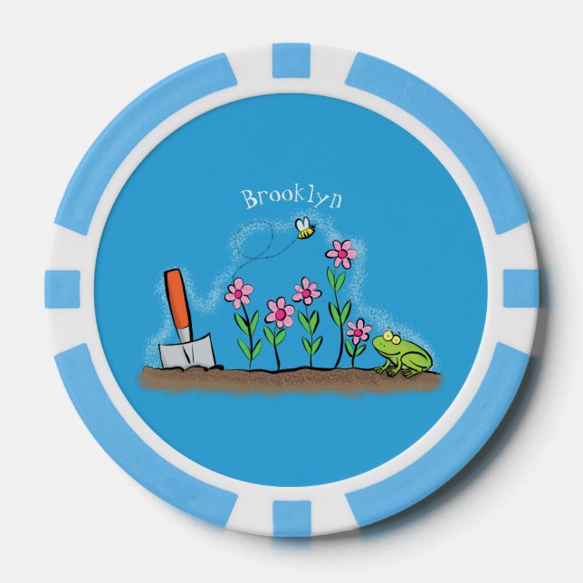 Cute frog and bee in garden cartoon illustration poker chips (Front)