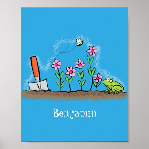 Cute frog and bee in garden cartoon illustration poster