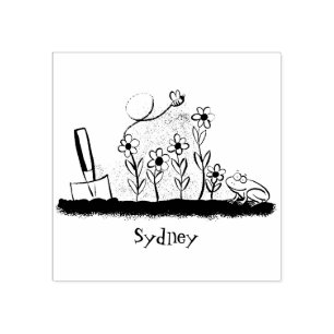 Cute frog and bee in garden cartoon illustration rubber stamp