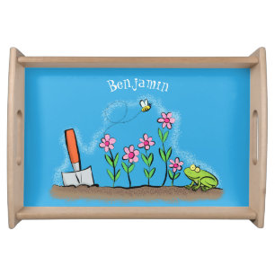Cute frog and bee in garden cartoon illustration serving tray