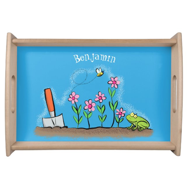 Cute frog and bee in garden cartoon illustration serving tray (Front)