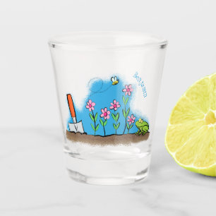 Cute frog and bee in garden cartoon illustration shot glass
