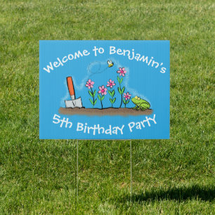 Cute frog and bee in garden cartoon illustration sign