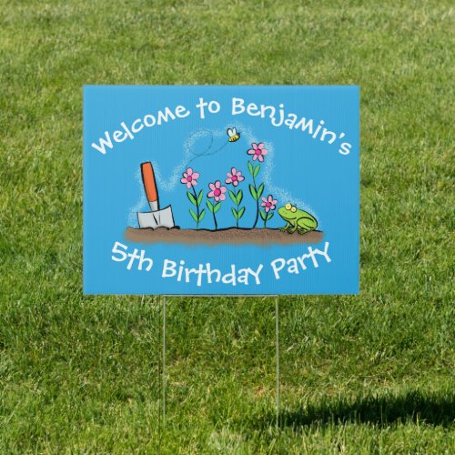 Cute frog and bee in garden cartoon illustration sign
