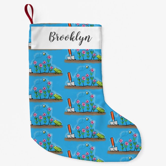 Cute frog and bee in garden cartoon illustration small christmas stocking (Front)