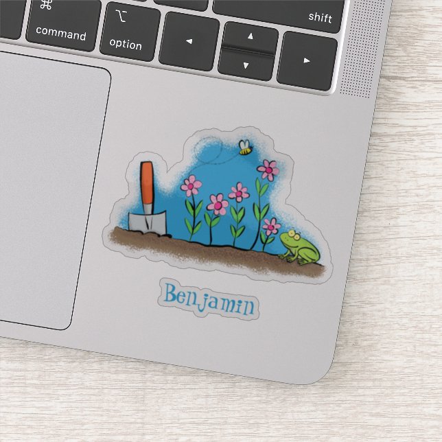 Cute frog and bee in garden cartoon illustration sticker (Detail)