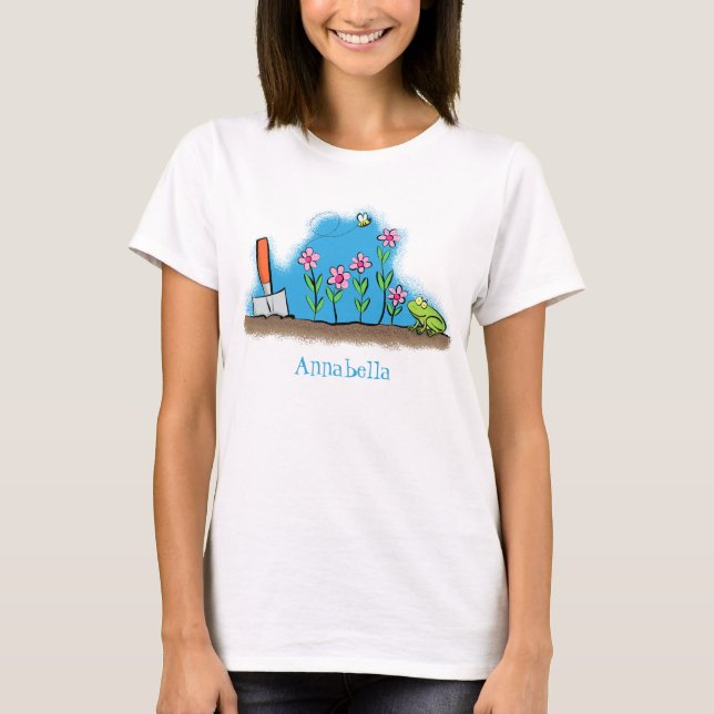 Cute frog and bee in garden cartoon illustration T-Shirt (Front)