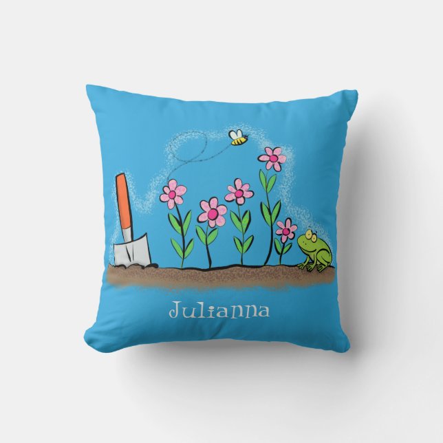 Cute frog and bee in garden cartoon illustration throw pillow (Front)