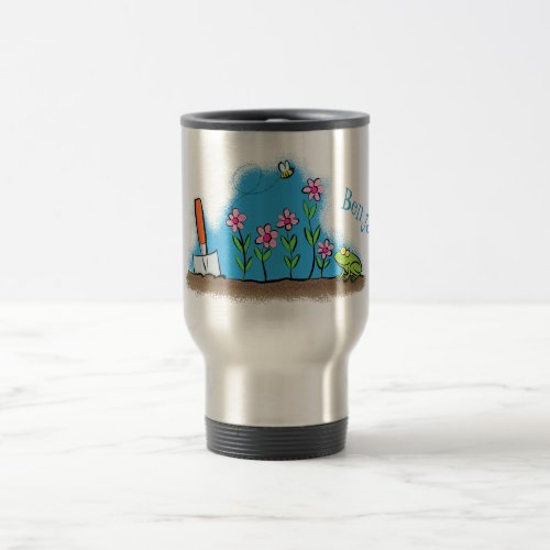 Cute frog and bee in garden cartoon illustration travel mug