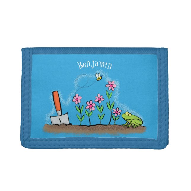 Cute frog and bee in garden cartoon illustration trifold wallet (Front)