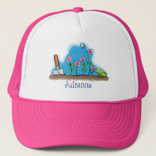 Cute frog and bee in garden cartoon illustration trucker hat