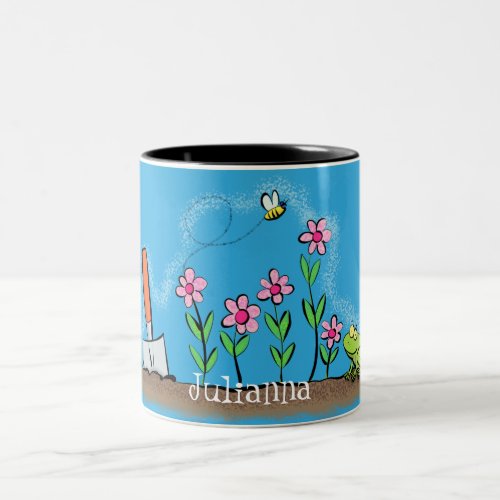 Cute frog and bee in garden cartoon illustration Two_Tone coffee mug